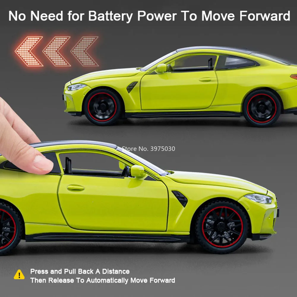 1:32 Metalowy Model BMW M4, Auta Zabawki z Otwieranymi Drzwiami, Gumowe Opony, Miniaturowy Samochód z Napędem Pull Back dla Dzieci i Dorosłych, Prezent