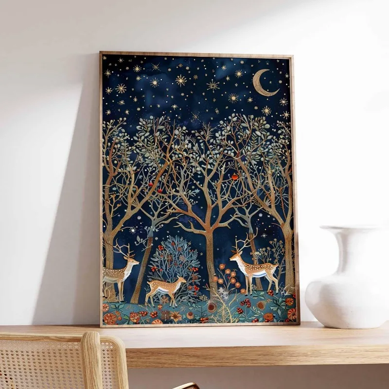 Unframed Canvas Wall Art Magical Night Forest with Deer Crescent Moon Stars Print Poster for Living Room Bedroom Xmas Wall Decor