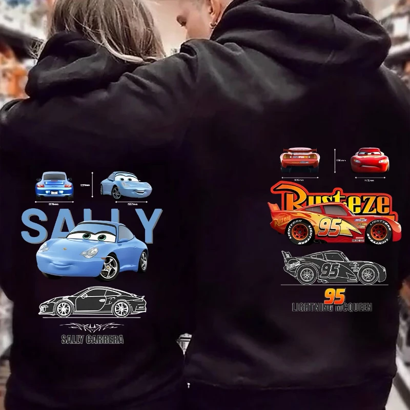 

Disney Car Couple Sally&Lightning McQueen Hoodie - Black Cartoon Character Printed Hoodie, Suitable Family Outing Winter Hoodies