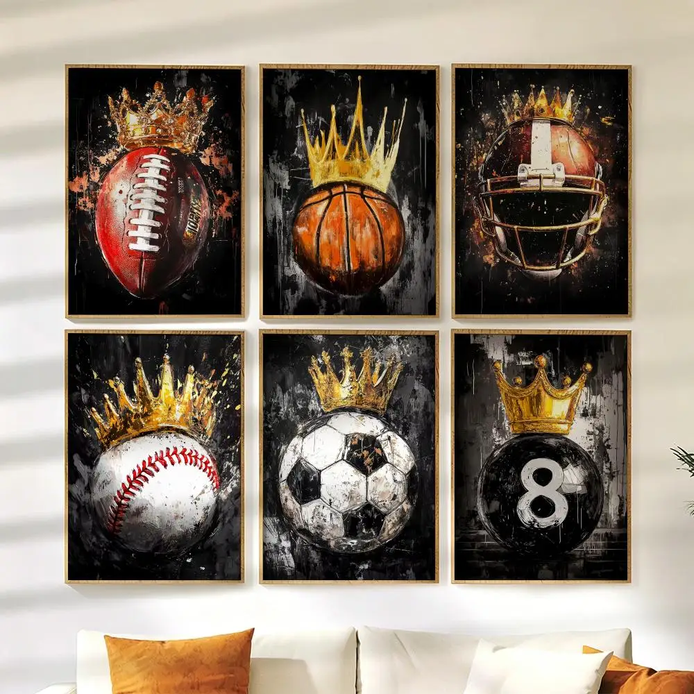 Soccer Basketball Baseball Golden Crown Poster Wall Stickers HD Painting Self Adhesive Decals for Bedroom Living Room Home Decor
