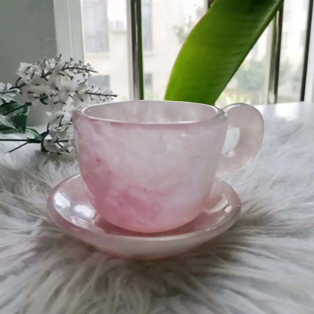 Wholesale Natural Handmade Pink Rose Quartz Cup Crystal Craft for Home Decoration