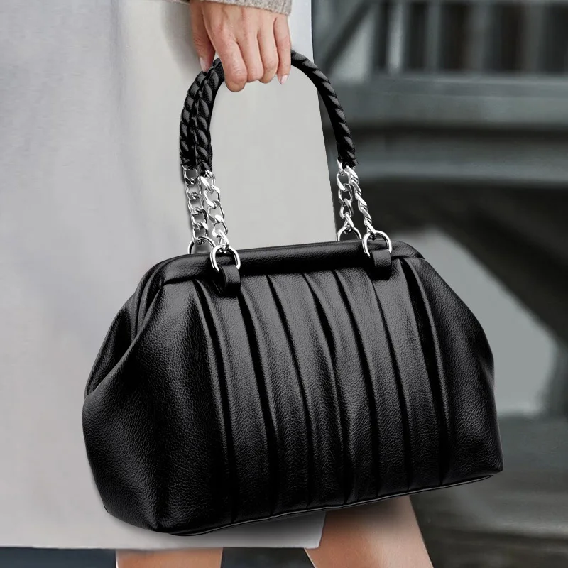 

2023 New Fashion top leather pleated women bag chains straps shoulder messenger bags for ladies sac leather causal tote