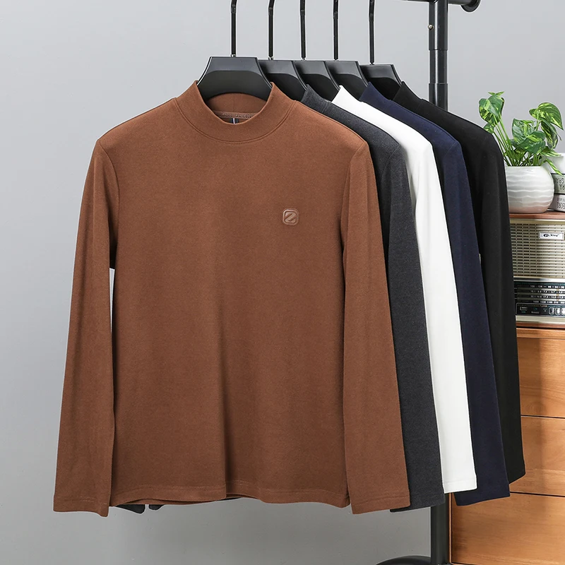 Men's Designer Original Mock Neck Long Sleeve Tee Solid Color Soft Stretch Warm Base Layer Minimalist Casual Autumn Winter Men's