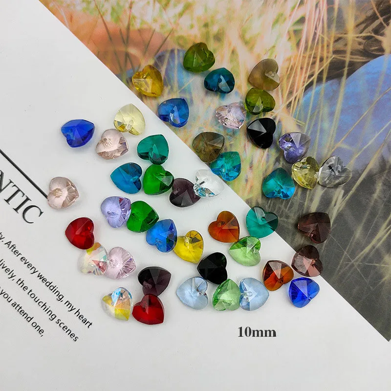 100pcs/ Bag 10mm/14mm Love Heart Shape Glass Beads Colorful Transparent Crystal Heart Pendant Glass Beads for Jewelry Making