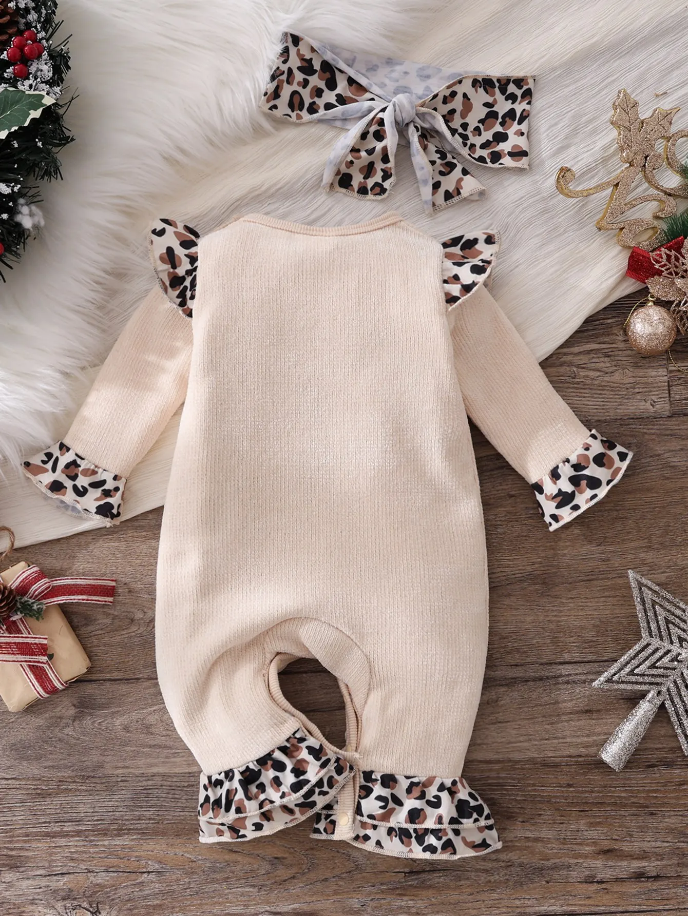 Christmas Theme Baby Romper Suit Reindeer Christmas Tree Print Leopard Print Ruffle Cute Crawling Suit Infant Holiday Outfit