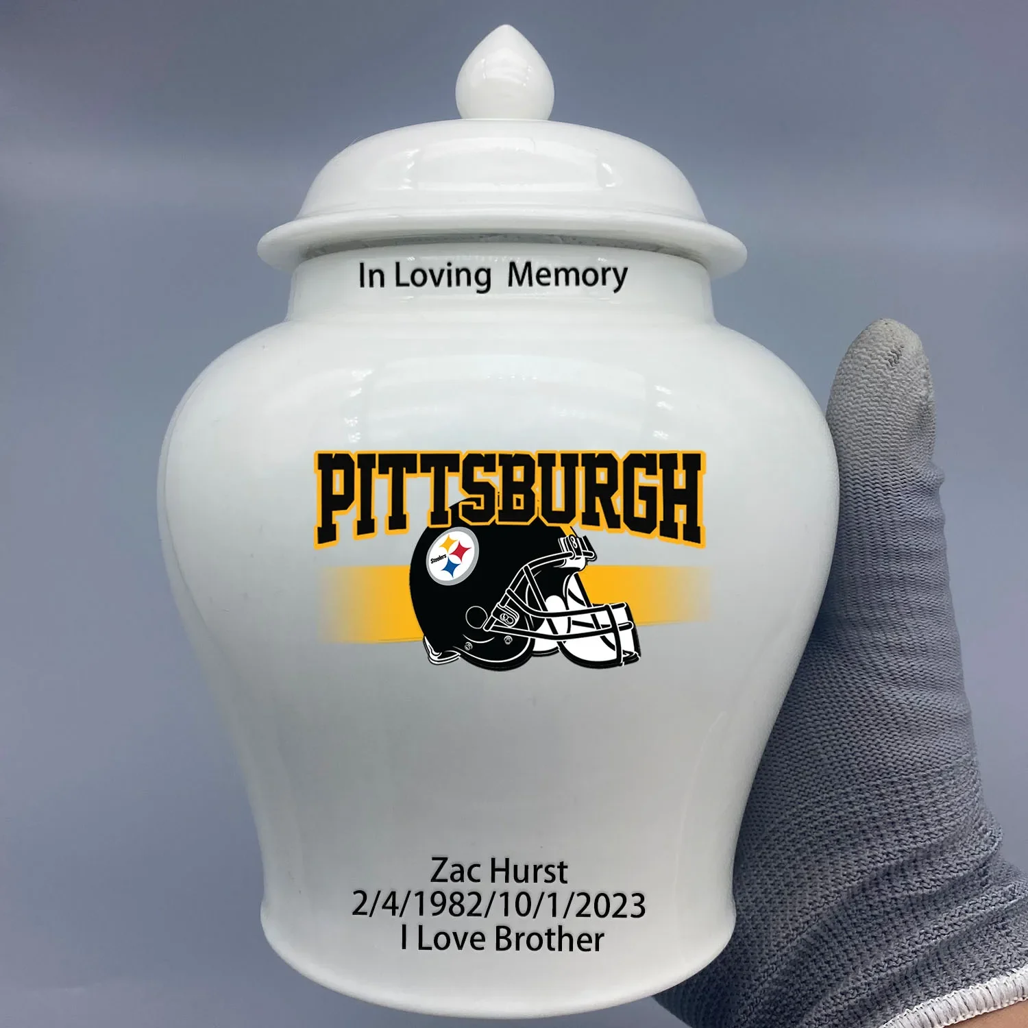 Medium Urn for Pittsburgh Steelers-themed Logo Urn.Please send me the customize information-name/date and number on the urn