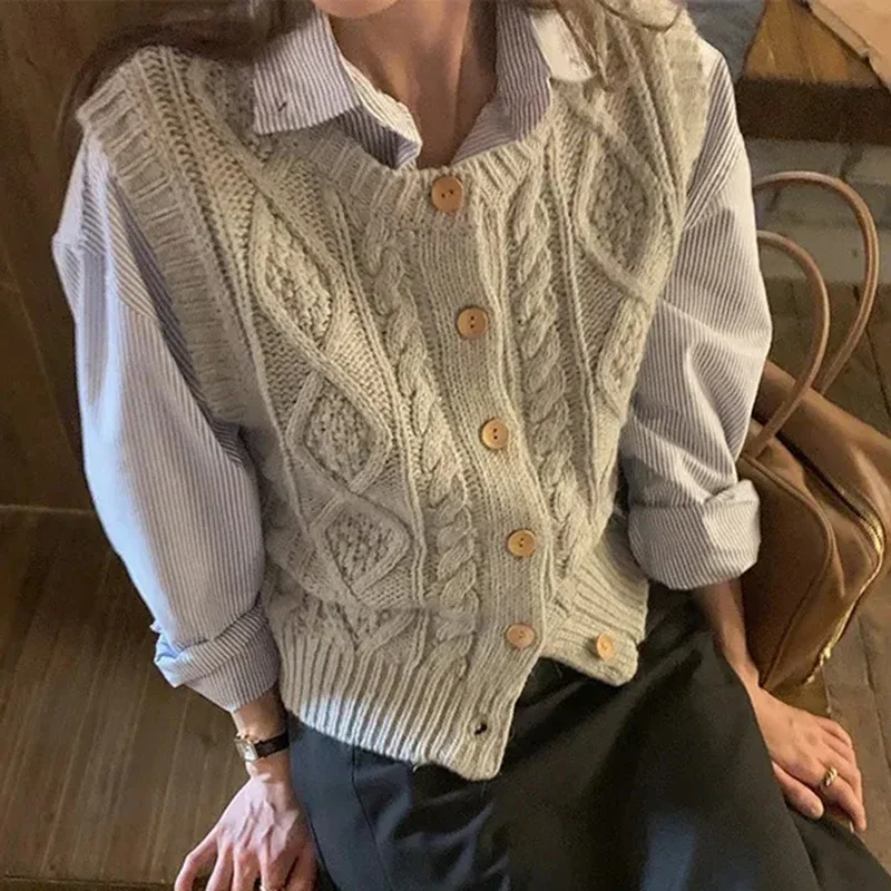 

Korean Gray Sweater Vest Women 2023 Fashion Round Neck Twist Knitted Sweater Woman Autumn Winter Button Up Knitted Jumper Female