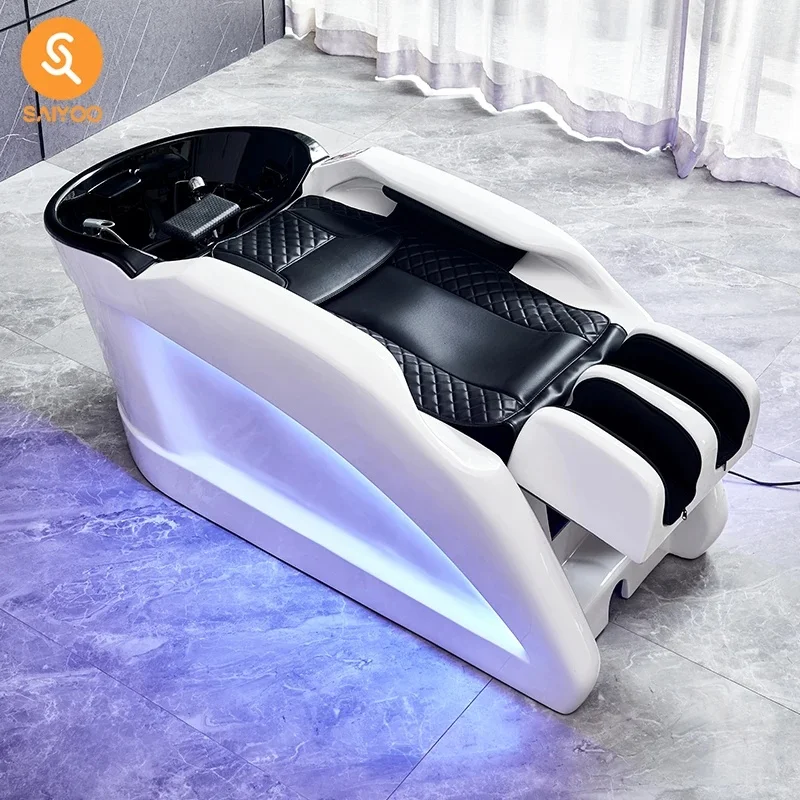 Luxury LED Shampoo Bed With Reclining Seat Black Cushion Modern Salon Spa Wash Station