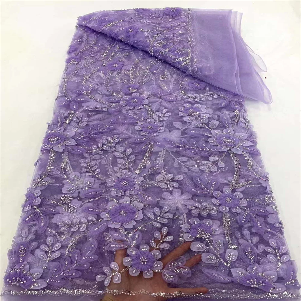 2024 5 yarde francese 3D fiore maglia Tulle tessuto di pizzo con perline paillettes africane Applique tessuto nigeriano per la festa nuziale di nozze