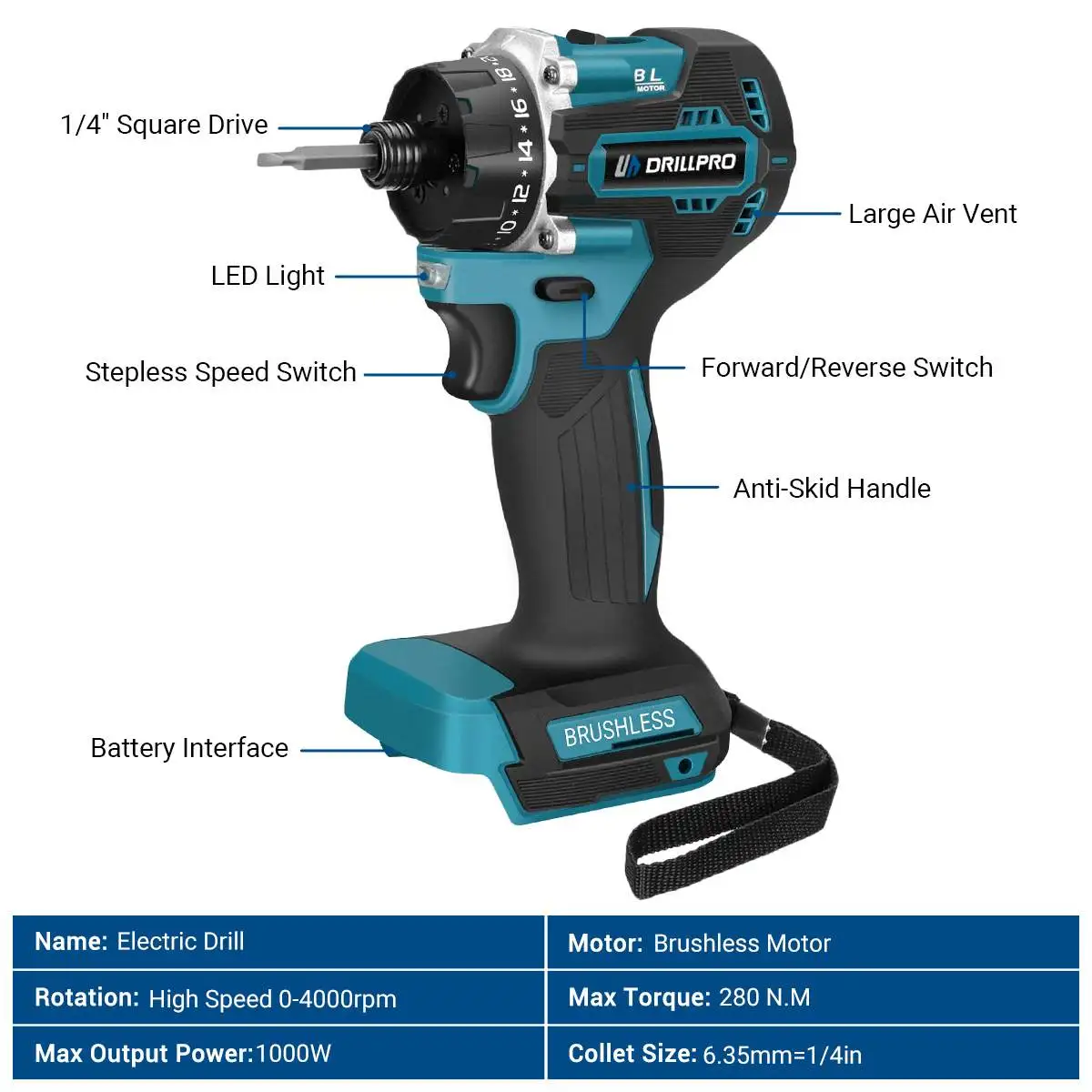 Drillpro 1/4inch 20+1 Torque Brushless Electric Screwdriver Cordless 280N.m Electric Drill Power Tool For Makita 18v Battery