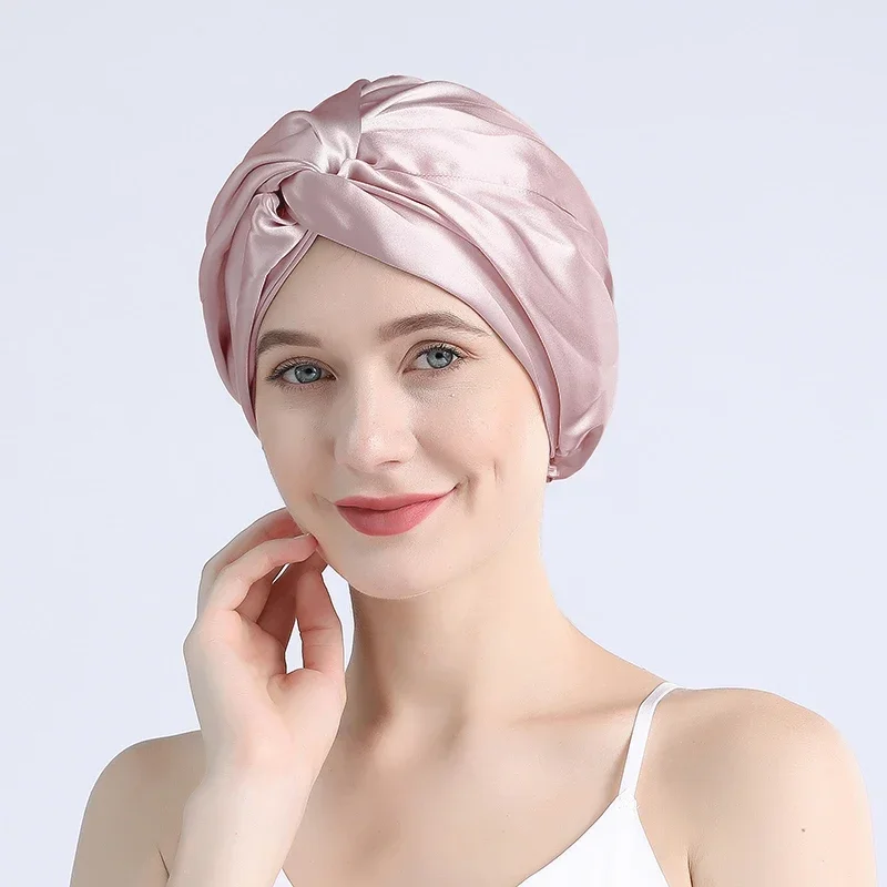 【NEW】100% Mulberry Silk Sleep Cap Night Bonnet for Women Hair Care Double Layer 16 Momme with Elastic Stay On Head