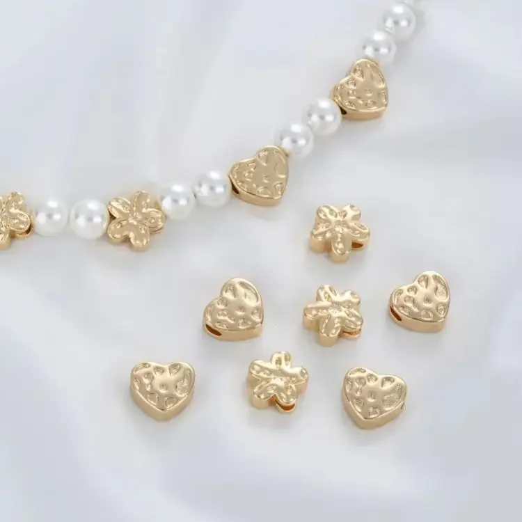 14k ouro-cor côncavo e convexo flor de ameixa coração grande buraco grânulo diy artesanal frisado pulseira colar jóias acessórios