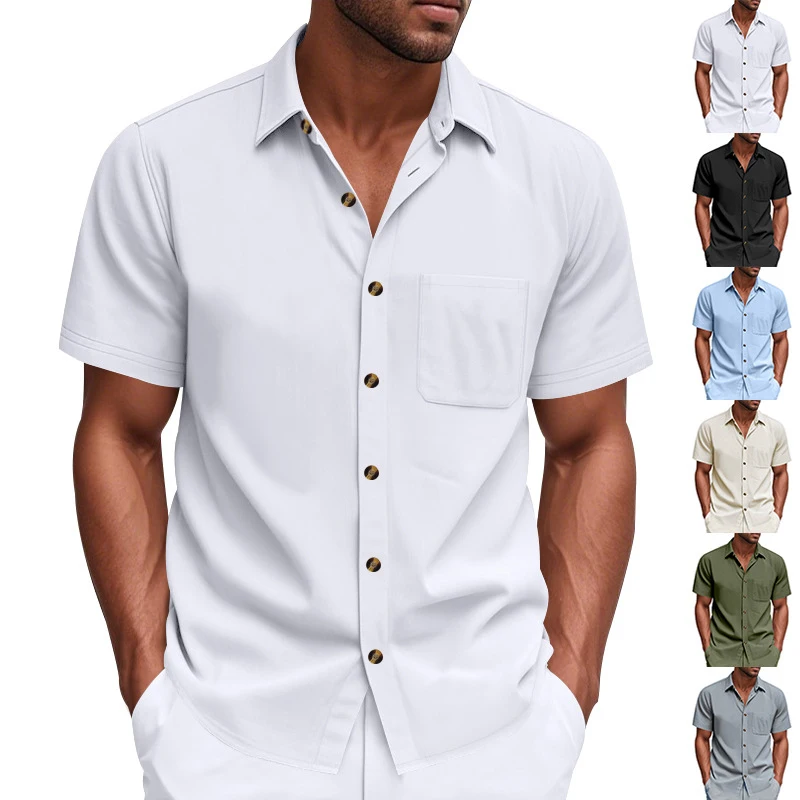 

American Style Summer Men's Woven Lapel Solid Color Plus Size Casual Simple Business Short Sleeve Shirt