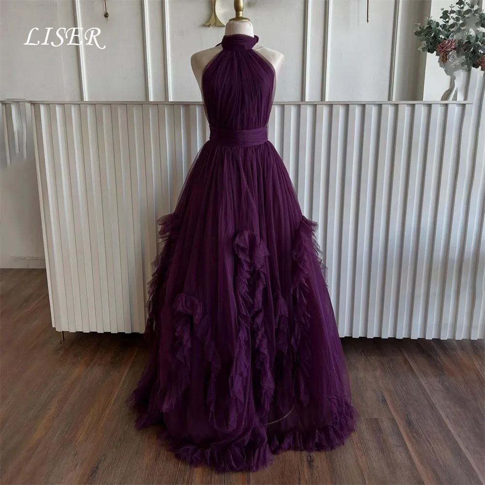 Liser Deep Purple Ballkleid mit Neckholder-Ausschnitt, Promi-Kleid, formelles Kleid aus gerüschtem Tüll, formelle Kleider für besondere Anlässe mit offenem Rücken, individuell gestaltet