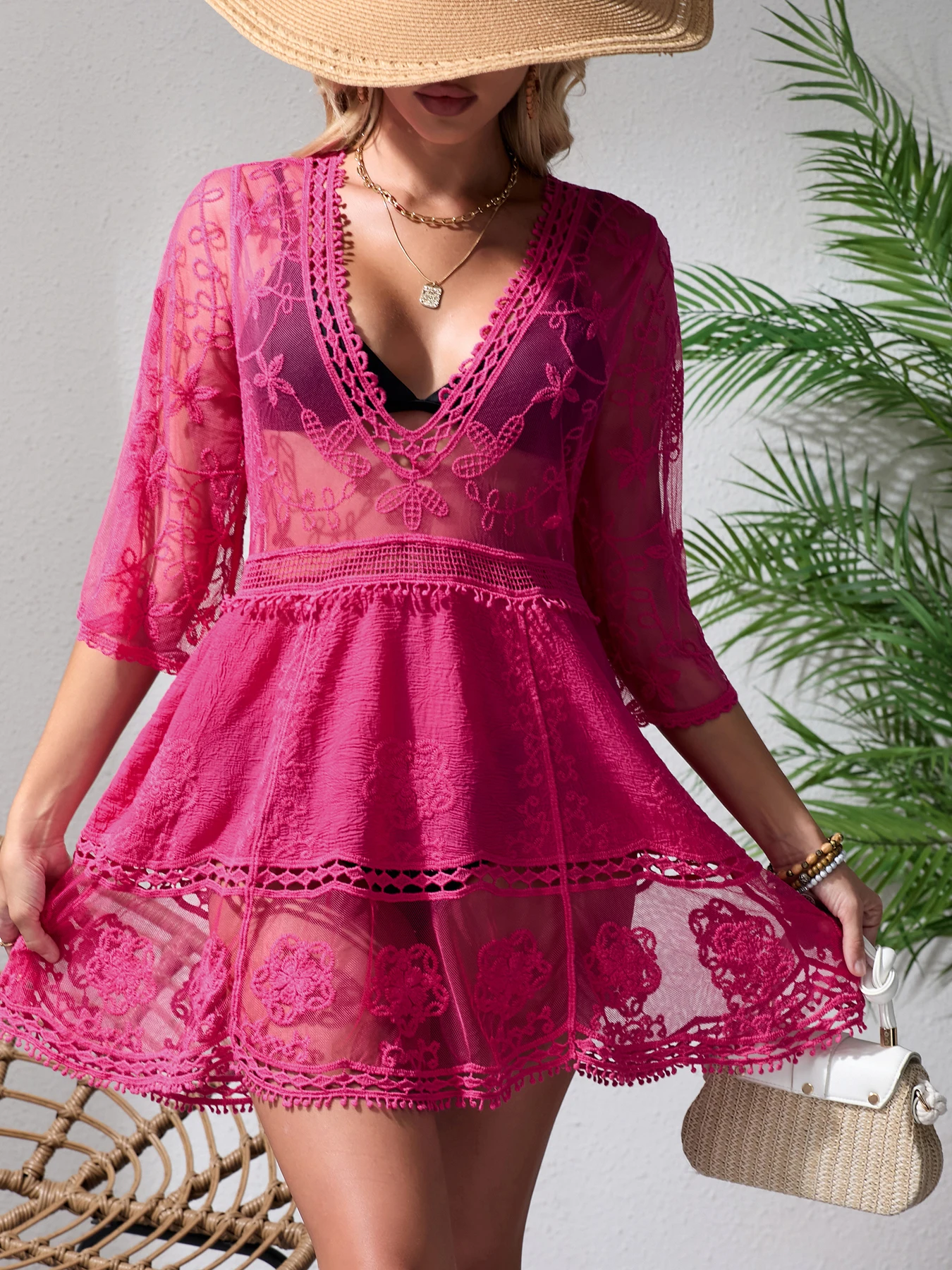 

Women's beach cover, mesh patchwork embroidered hollow V-neck pullover top, umbrella shaped hem, vacation sun protection shirt