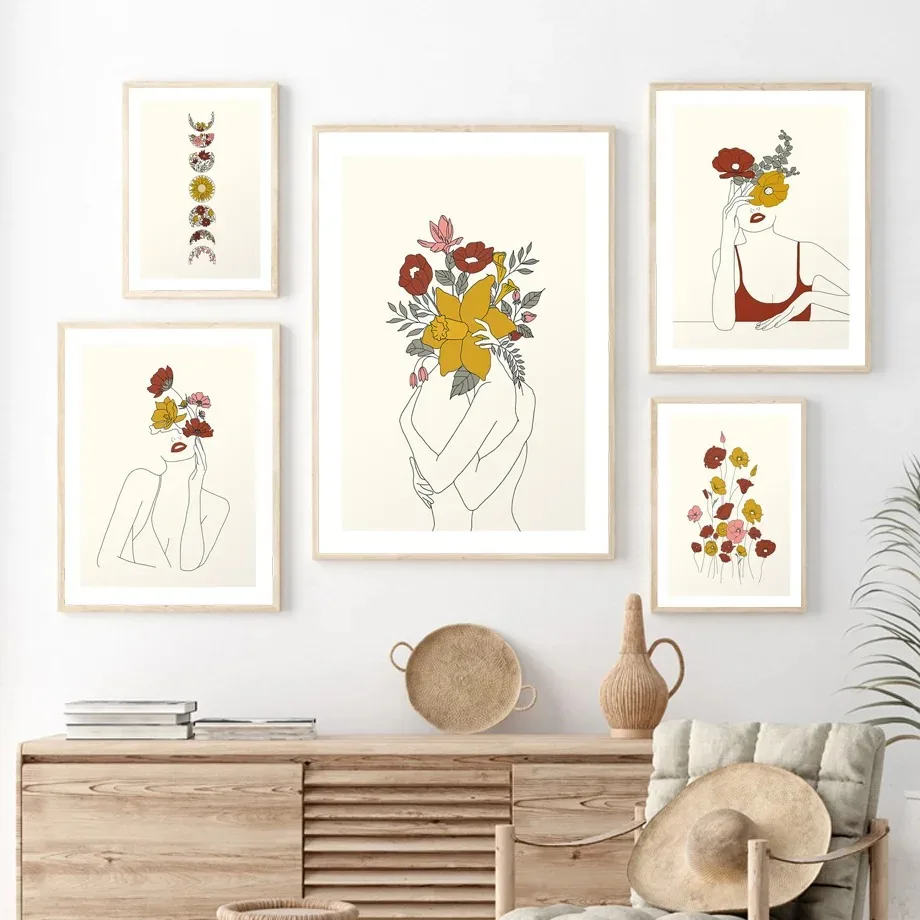 Nordic Line Abstract Girl With Flowers On Head Posters Minimalist Print Canvas Painting Wall Art for Living Room Home Decor