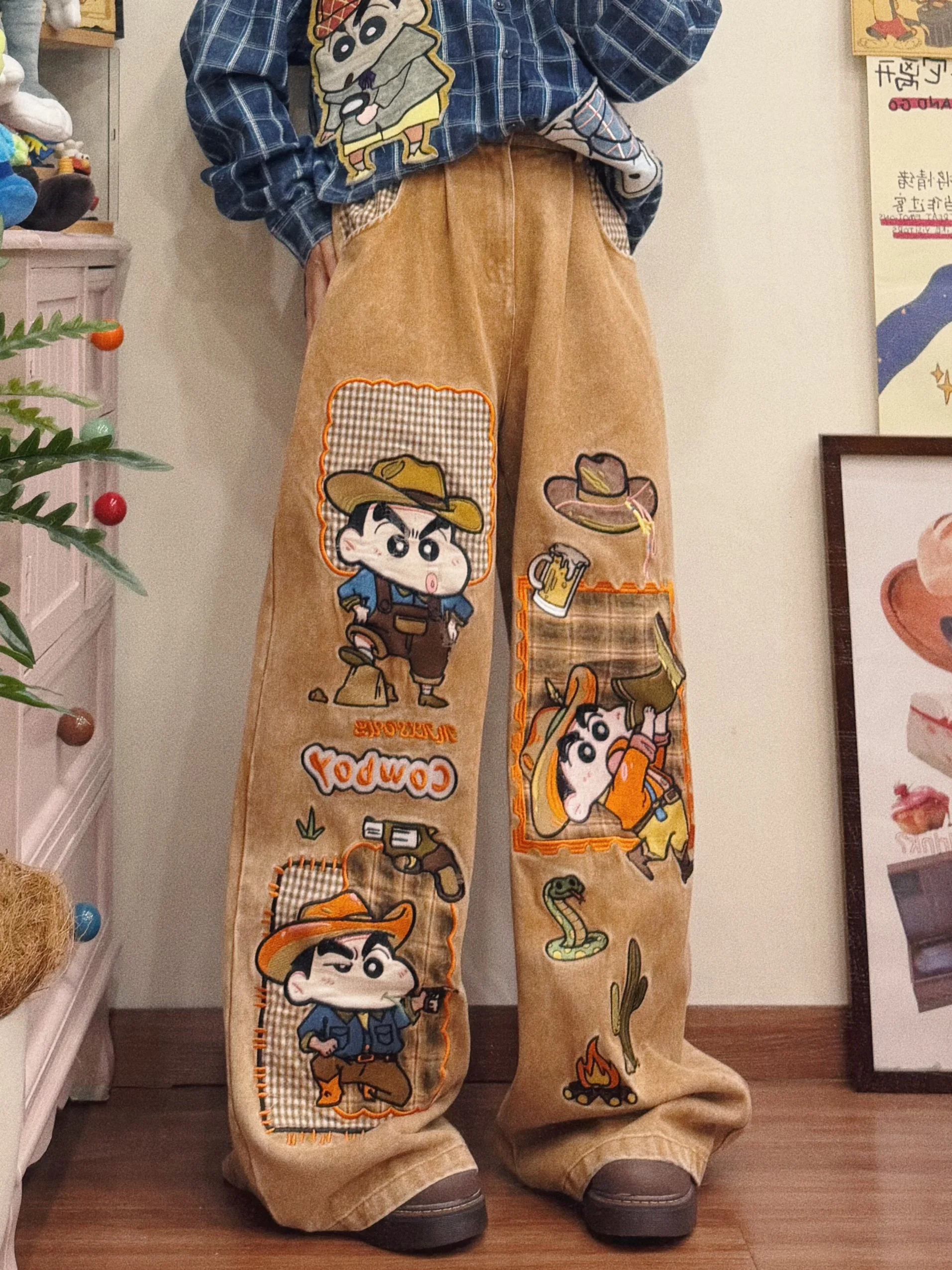 

Джинсы женские BIBULU в стиле ретро с мультяшным пэчворком, широкие, свободные, повседневные, уличный стиль, хлопок, с завышенной талией, весна 2026