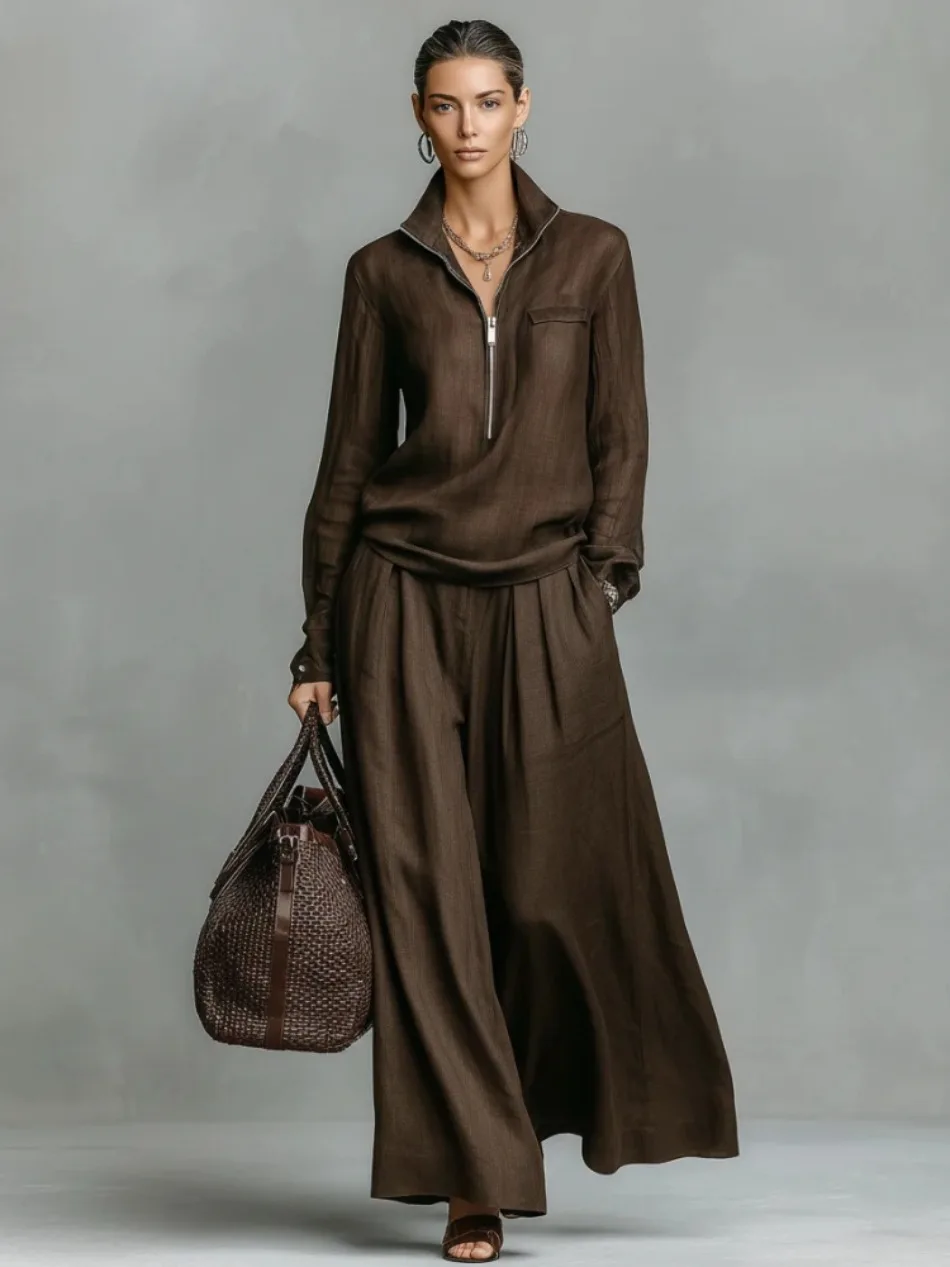 Elegantes, solides, lockeres zweiteiliges Set, modischer Pullover mit Revers und Reißverschluss & weit geschnittene Hose, Damen-Freizeitoutfit mit langen Ärmeln. – Detail 11