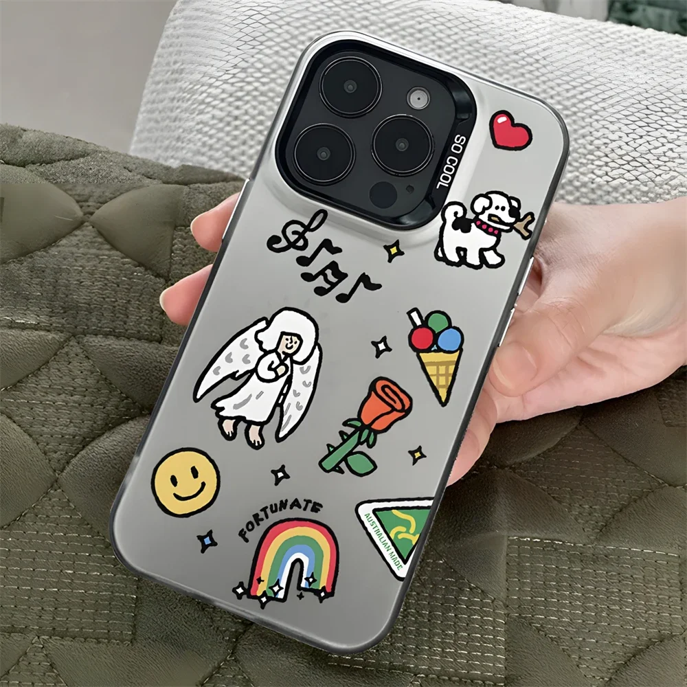 Fashion Doodle Rainbow Angel Case for iPhone 16 12 13 mini 11 14 15 Pro Max Xs XR 8 Plus Hard IMD Plastic Shockproof Laser Cover