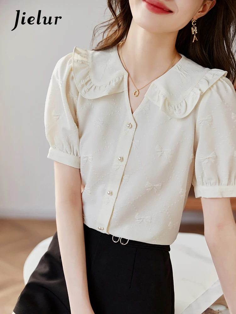 Jielur Korean Style Slim Puff Sleeve Female Blouse Chiffon Button Peter Pan Collar Women Blouses Office Lady Solid Color Shirt