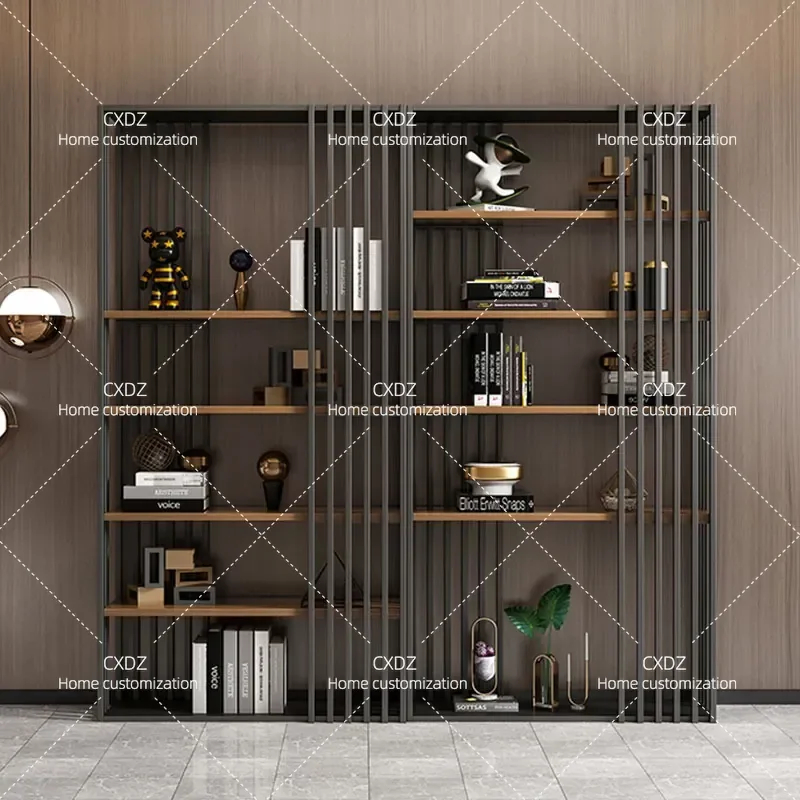 Modern Solid Wood Floor to Ceiling Bookshelf Wrought Iron Office Partition Cabinet Industrial Style Display Stand for Home