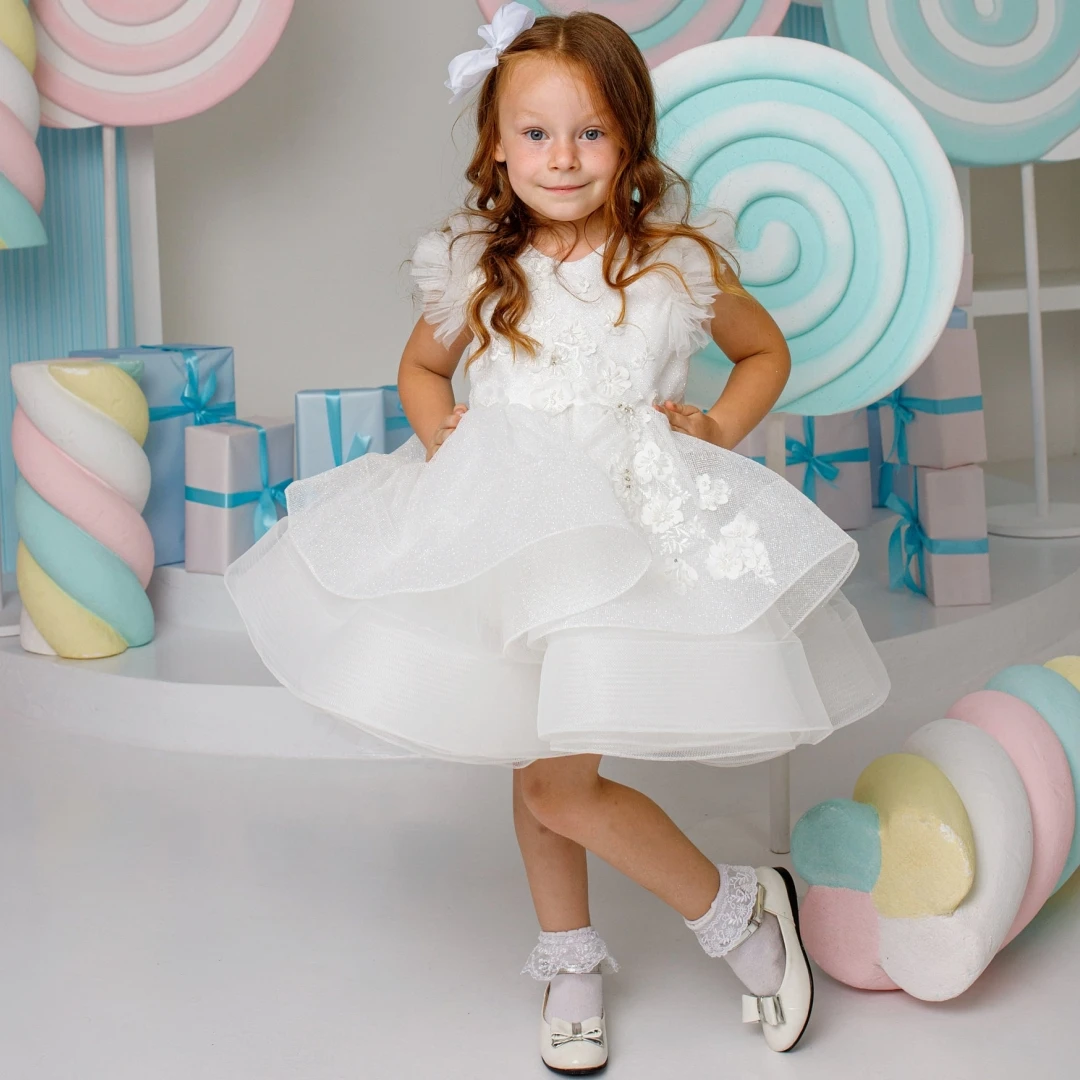 Customized Flower Girl Dress White Floral Appliques Sleeveless For Wedding Birthday Party Prom Banquet Holy Communion Gown