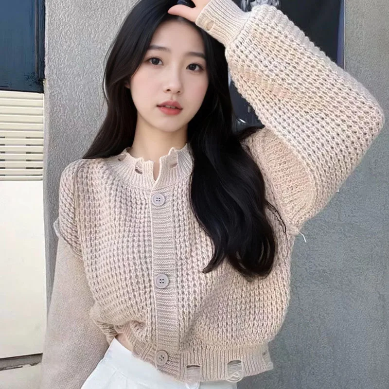 

Модный дизайн, рваная короткая вязаная блузка с рукавами-фонариками, утолщенный темпераментный черный женский свитер с круглым вырезом, кардиган