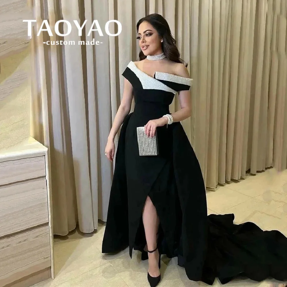 

New Romantic A-Line Black Satin Evening Gowns Off The Shoulder Collar Sweep Train Backless Long Prom Dress Bead Robes De Soirée