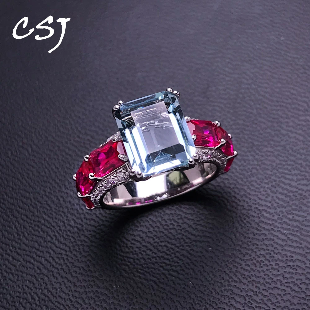 

CSJ Luxury Aquamarine Topaz Ring 925 Sterling Silver Citrine Amethyst Smoky Quartz Gemstone 9*11mm for Women Party Birthday Gift