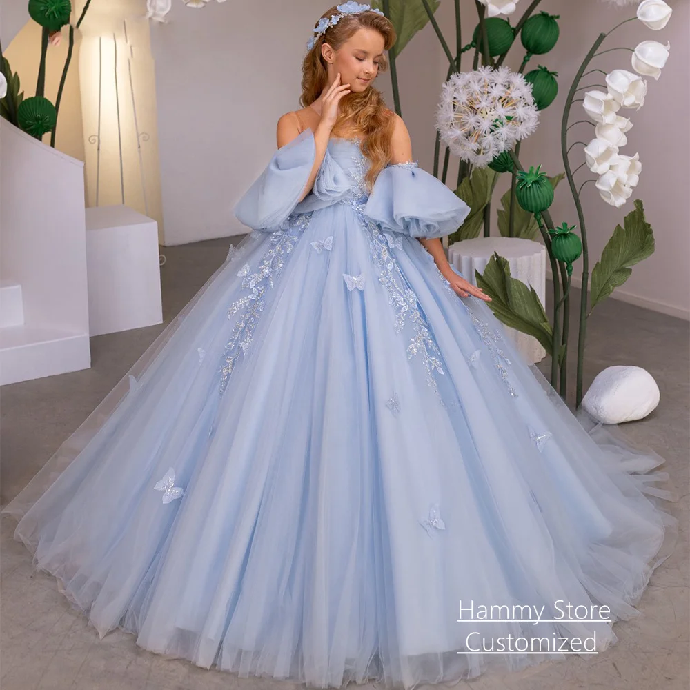 

Customized Flower Girl Dress Luxury Sheer O Neck Short Sleeves Beading Applique Butterfly Ball Gown Party Dress Birthday
