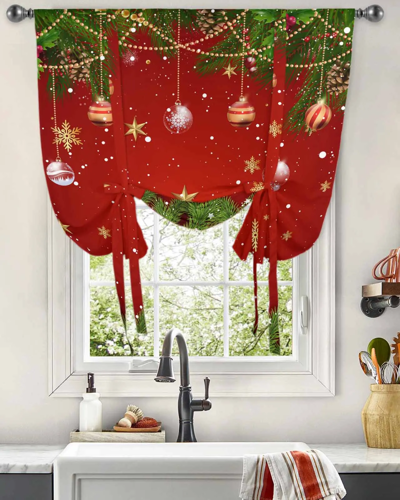 Christmas Light Balls Pine Branches Snowflakes Window Curtain for Living Room Bedroom Balcony Cafe Kitchen Tie-up Roman Curtain