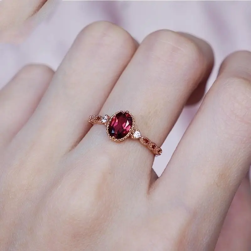 

Free Drop Shipping 9K Solid Gold Set Natural Garnet Solitaire Diamond Ring For Female Korean Ins Fashion Ruby Tourmaline Jewelry