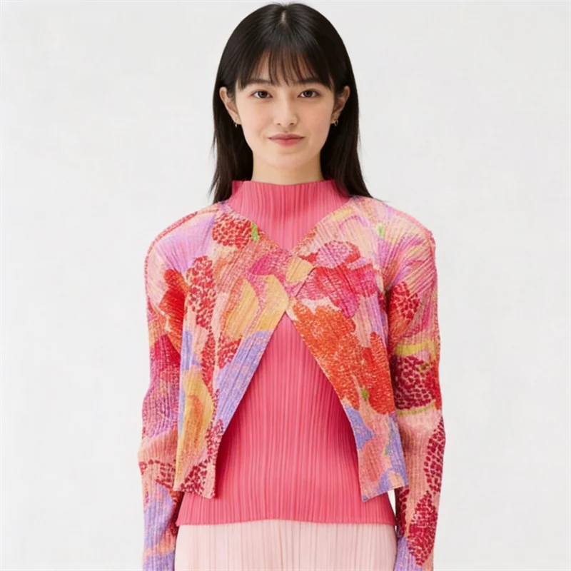 

Miyake Pleated Women's Casual Tops 2026 New Japanese Design Fashion Printed V-neck Long-sleeved Cardigan Outer Wear