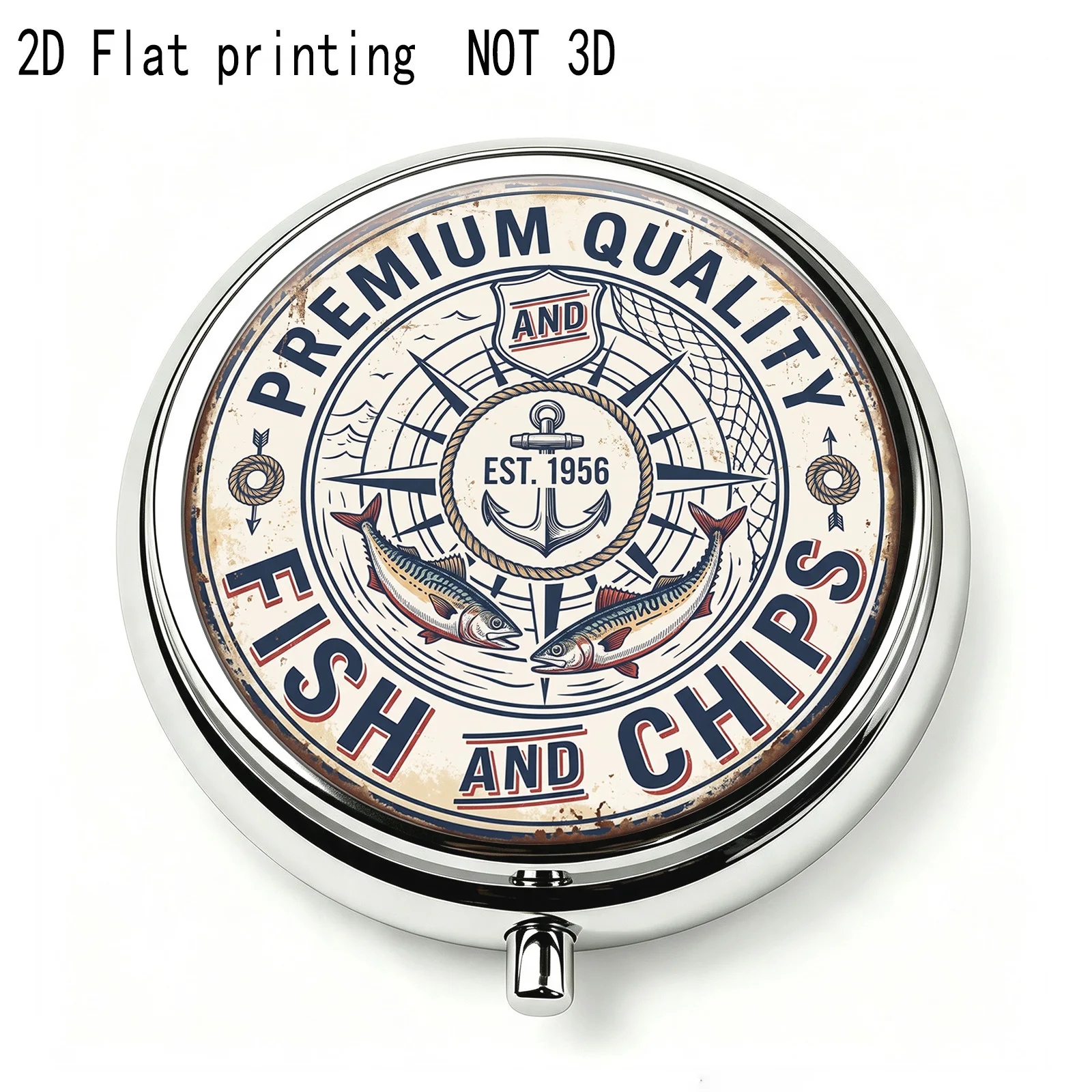 Single pack, flat-printed portable three-compartment storage box, vintage nautical anchor and saltwater fish distressed logo print, travel medicine storage box, sealed and moisture-proof, capsule and vitamin organizer, portable size