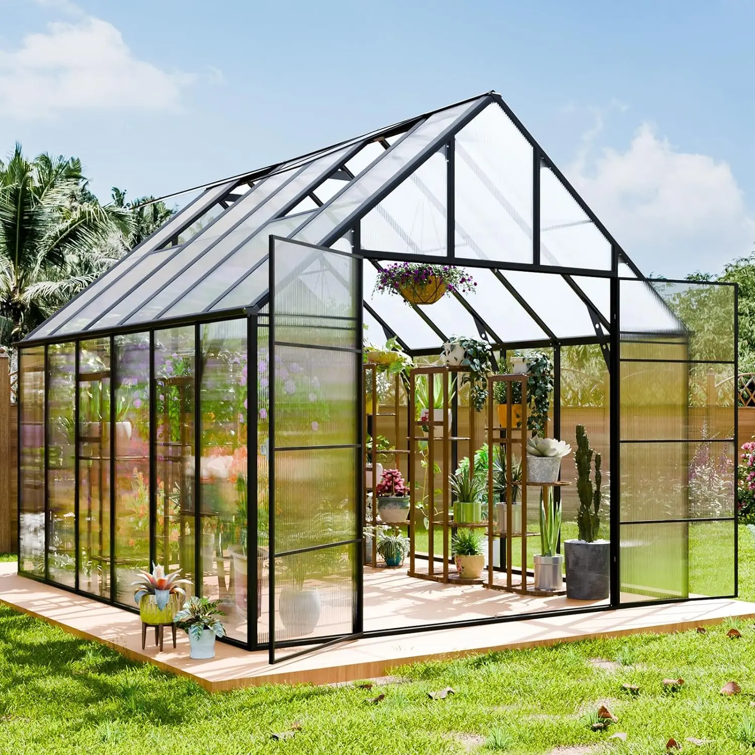 12.4x10.2 FT Polycarbonate Greenhouse for Outdoors Heavy Duty Aluminum Greenhouses kit with Rain Gutter 2 Vents Easy Assembly