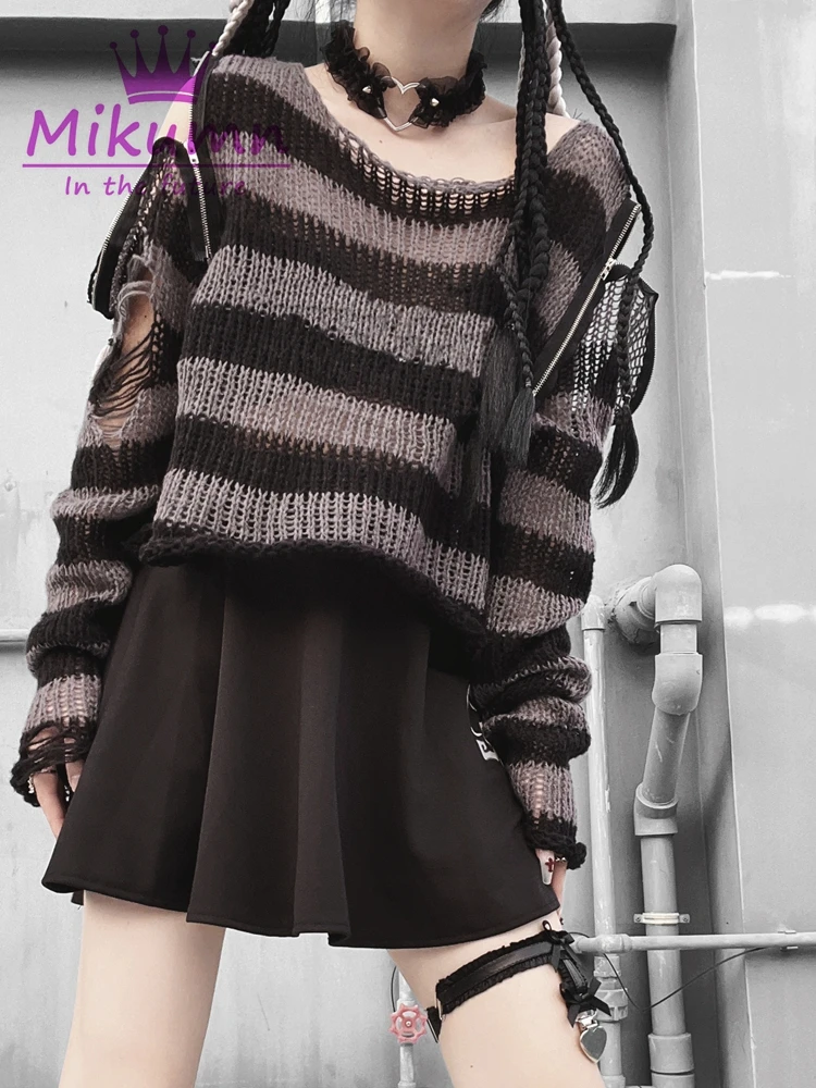 Harajuku Y2k Punk Rock Zipper Sexy Off Shoulder Sweaters Women Gothic Black Grey Red Stripes Broken Hole Loose Knitted Jumpers