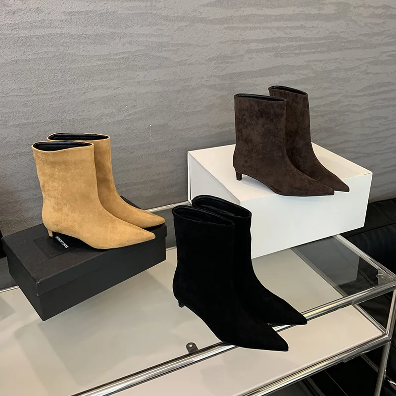 

Autumn Winter Pointed Toe Ankle Boots Women Designer Vintage Thin Low Heel Shoes Modern SHort Botas Zapatos De Mujer