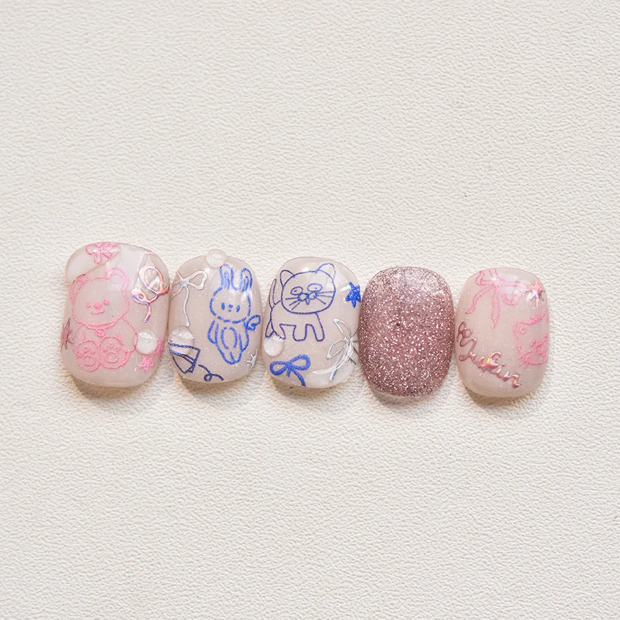 1pc Laser Bear Rabbit Bowknot Bouquet Colorful Graffiti Line Cat Dog Flowers Heart Embossed Nail Art Stickers Manicure Decals