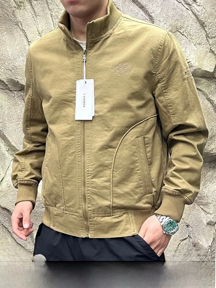 

Washed Cotton Men's Jacket American Motorcycle Style Spring Autumn Fashion Outdoor Zipper Closure Long Sleeve Standard Fit