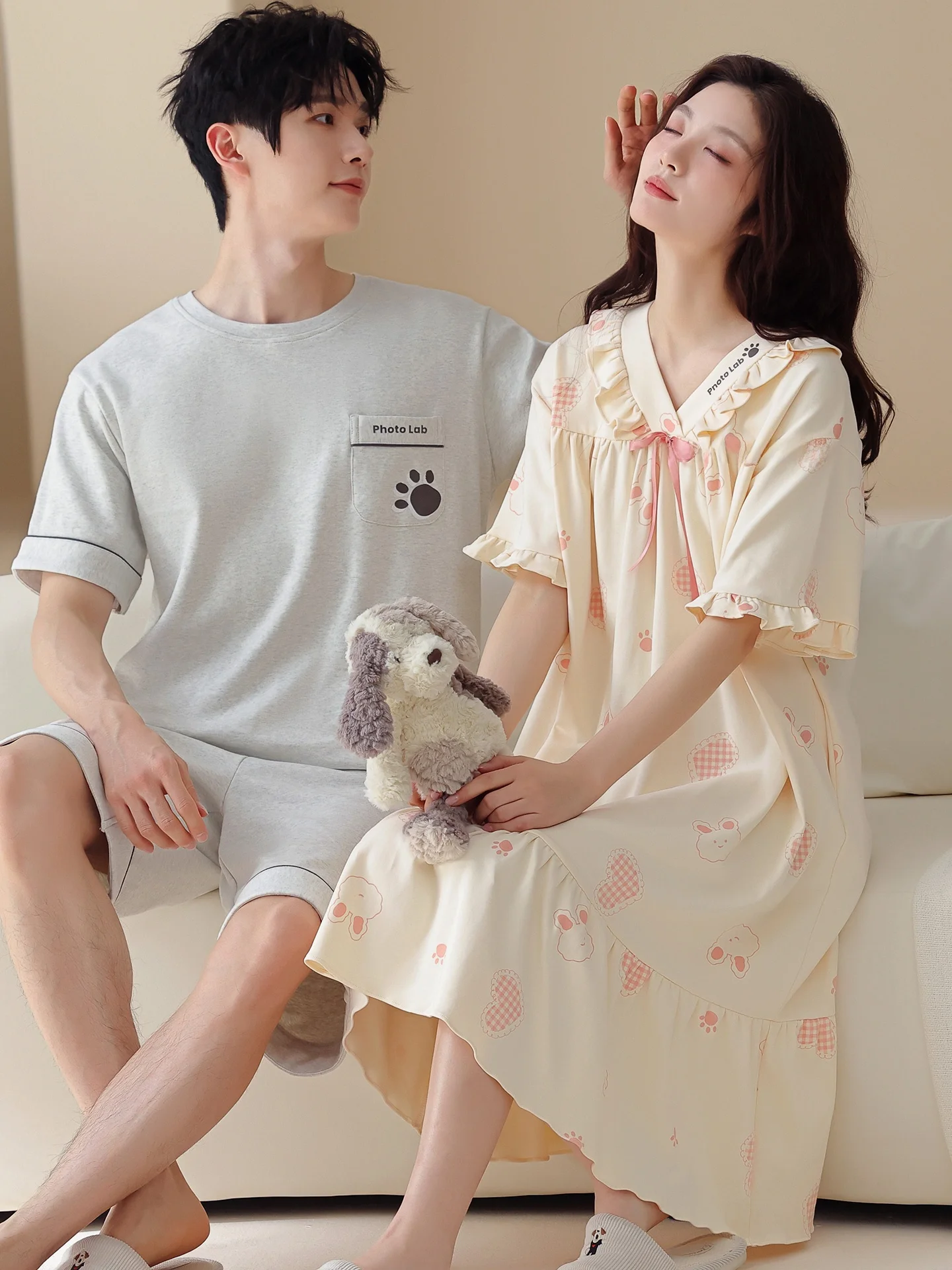 couples-summer-cotton-pajamas-short-sleeve-princess-style-sleepwear-women's-plus-size-men's-home-clothes-set-casual-comfortable