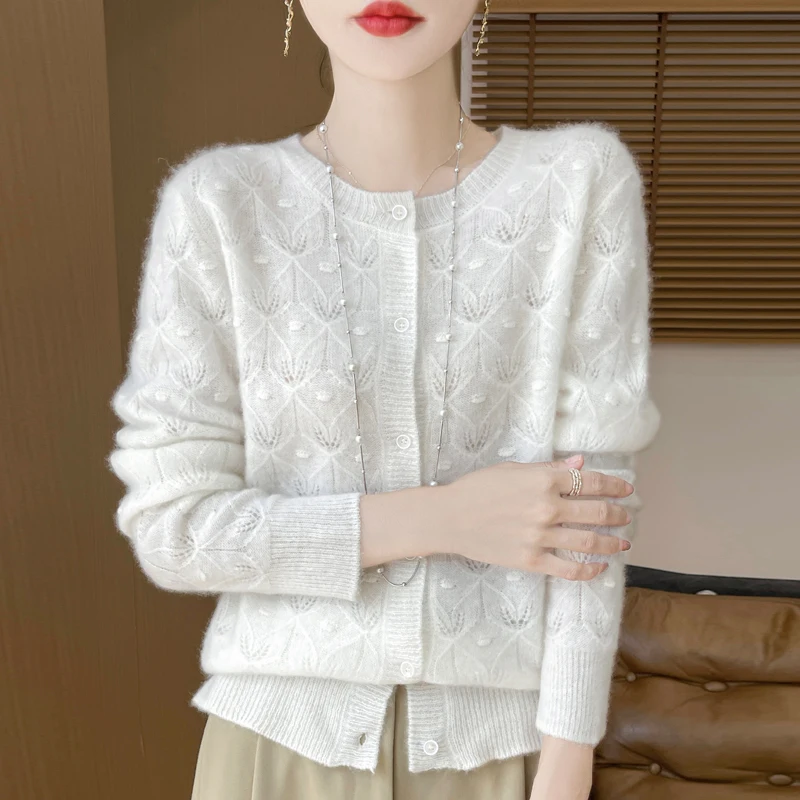 New Autumn Winter Soft Warm Cardigan Woman Cashmere Sweater O-neck Women 100% Merino Wool Sweater Loose Fit Hollow out Top Coat