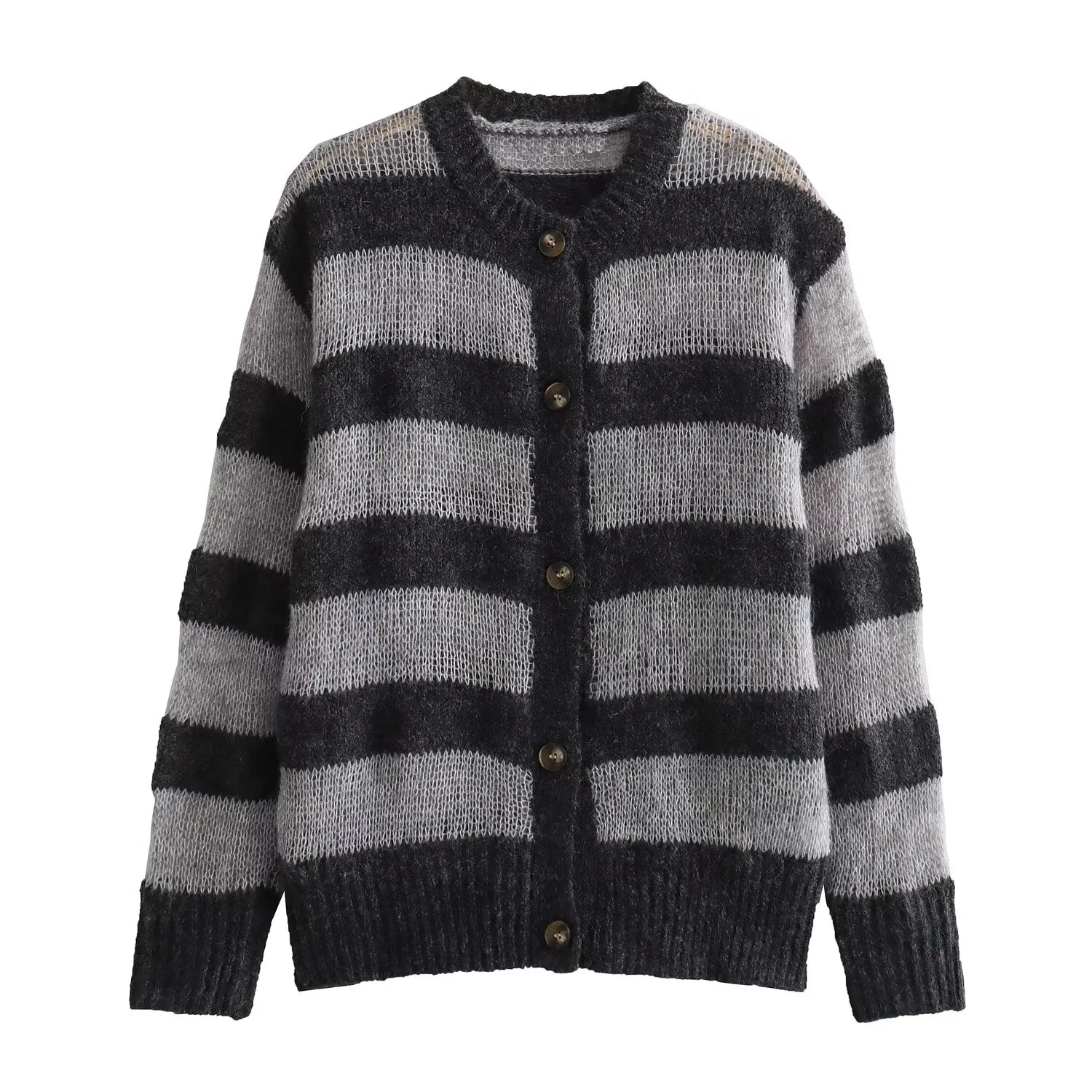 

Зимняя новая женская одежда, свободный кардиган с круглым вырезом в ленивом стиле, свитер, вязаная полосатая куртка