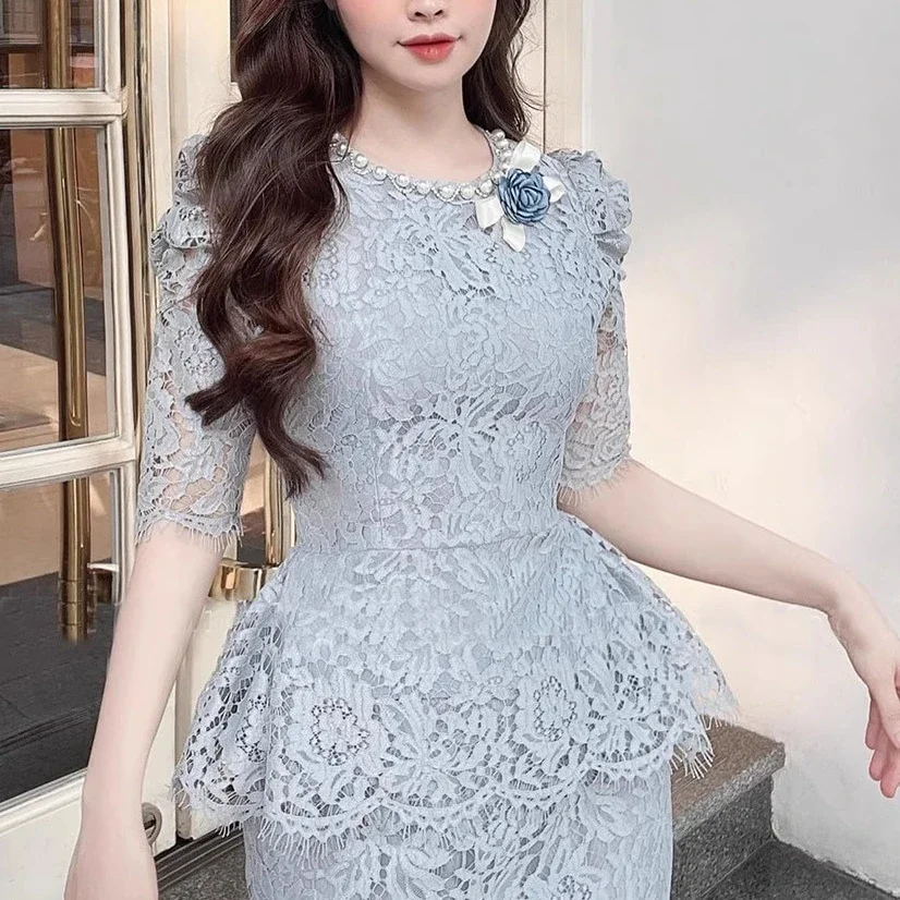 Vintage Blue Lace Tops and High Waist Skirts Women Elegant O-neck Two Piece Sets Ladies Runway Design Business Skirts Set