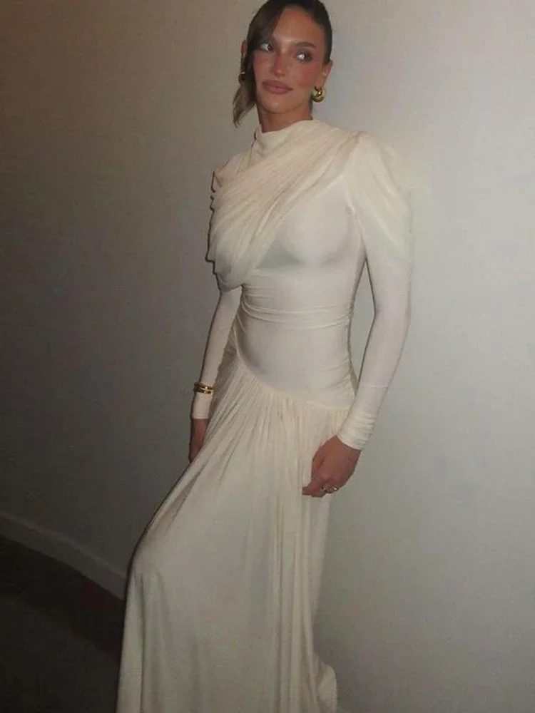 Ruched فستان طويل أنيق امرأة الخريف الاتجاه س الرقبة كم كامل نحيل عالية الخصر اليومية الشارع عادية أسلوب بسيط Bodycon