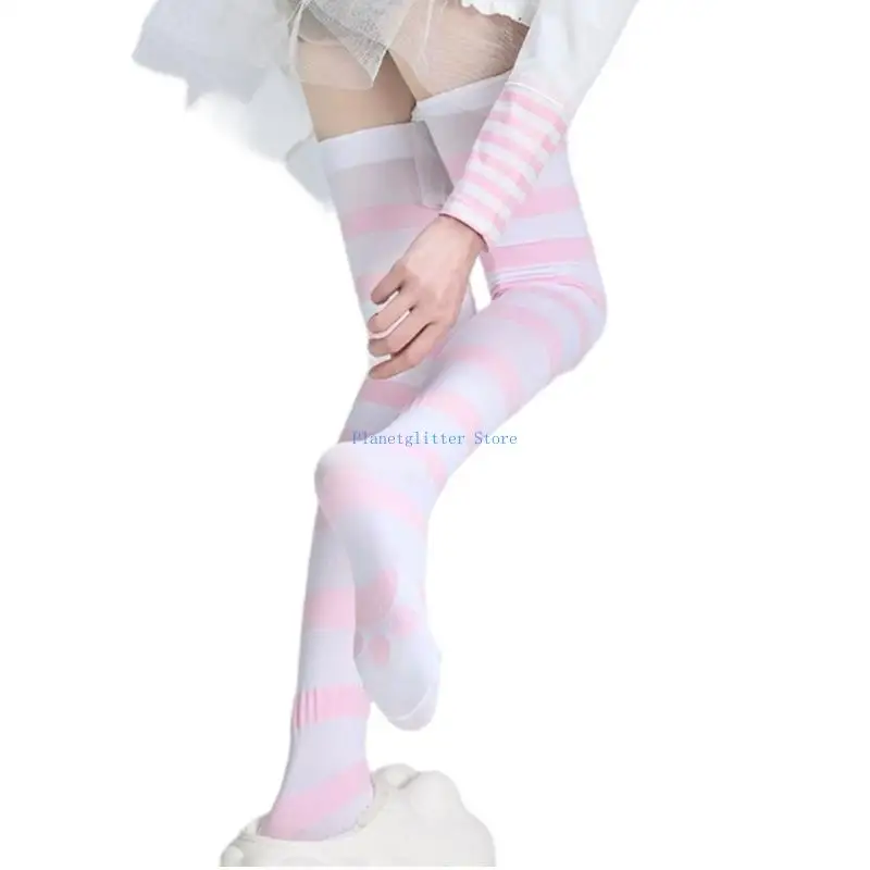 652B Women Japanese Striped Thigh High Stockings Anime Girl Cats Claw Print Over Knee Long Socks Cosplay Costume Hosiery