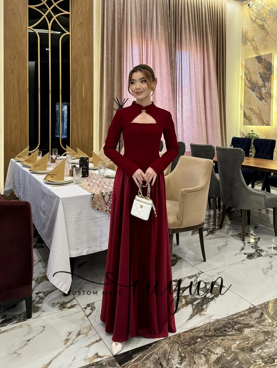 CUYUN Customized Formal Women Dinner Party Dresses High Collar Long Sleeves Red Floor-Length Evening Gown Wedding Guest Dress