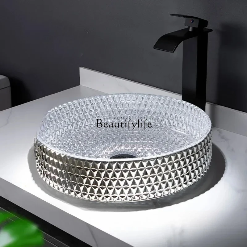 

Cylindrical Bathroom Glass Washbasin Bathroom Sinks Crystal Bathroom Toilet WashingHandBasins Silver Wash