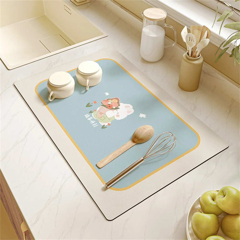 Coffee Machine Drain Mat Blue Bear Kitchen Countertop Absorbent Mat Dry Non-slip Bar Grid Table Table Washable Heat Mat