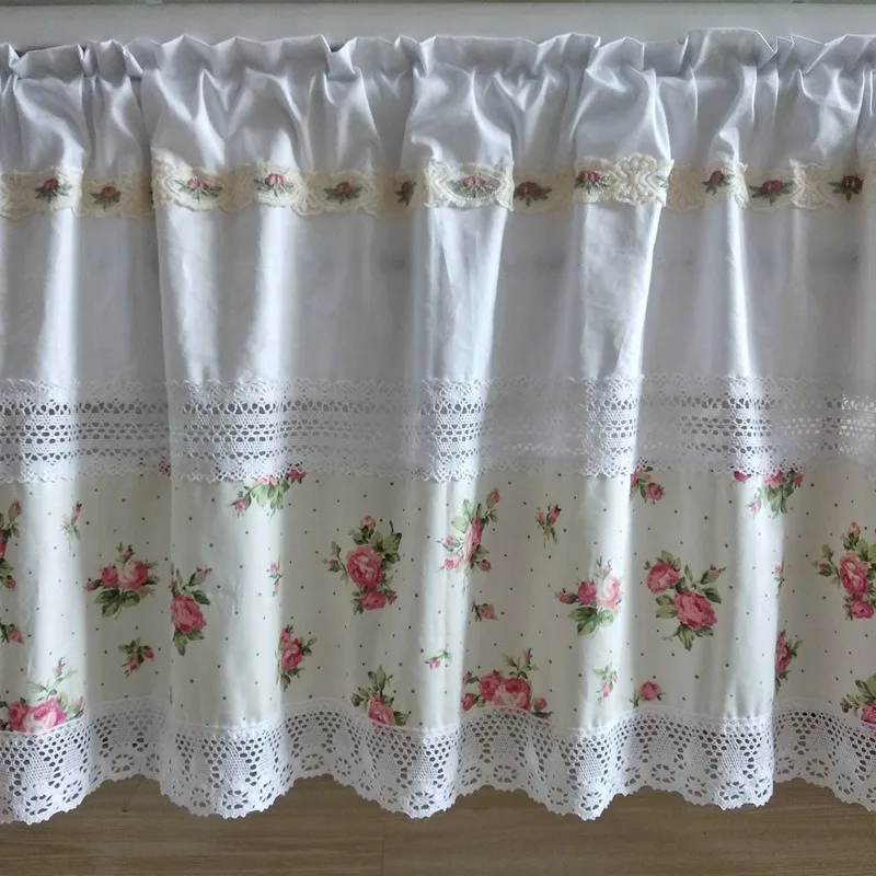 Korean Flowers Cotton Short Curtains Cloth for Living Room Japanese Pastoral White Lace Half Curtains for Kitchen #A578