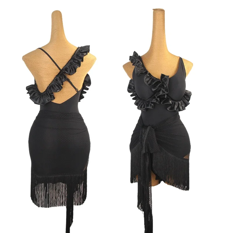 

Latin dance practice clothes for women black slimming fringe hip scarf+underwear 2pcs tango chacha samba training clothing